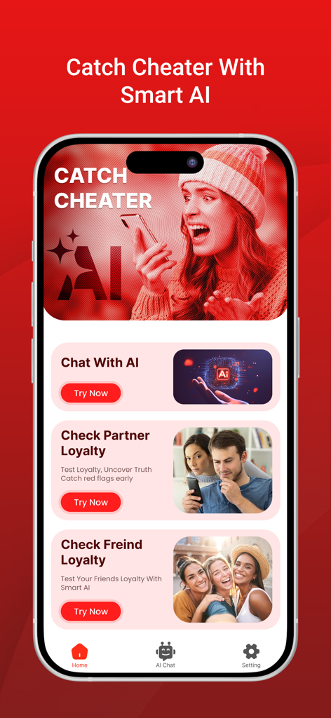 Cheater buster ai - Home screen of the Cheater Buster AI mobile app showing features for AI chat and partner loyalty tests