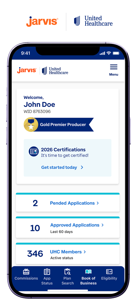 Jarvis (UnitedHealthcare) - The Jarvis mobile app dashboard for UnitedHealthcare sales agents displaying account metrics and sales status.