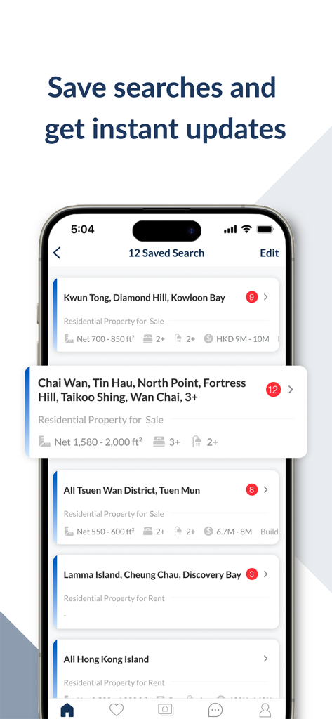 千居Spacious Rent & Buy Property - Interfaz de la aplicación móvil Spacious que muestra búsquedas de propiedades guardadas e insignias de notificación instantánea