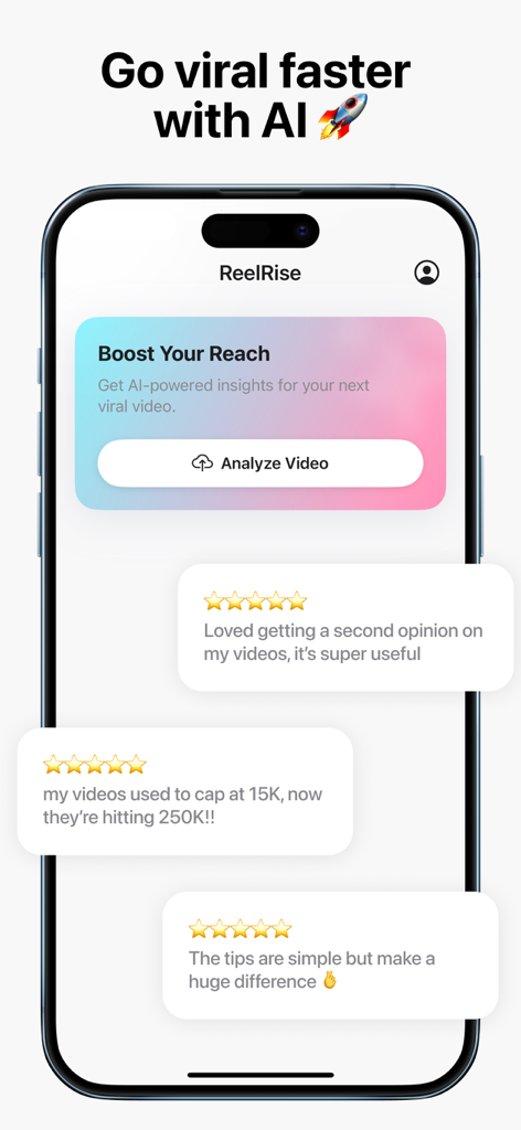 Interfaz de la aplicación ReelRise que muestra la herramienta de Análisis de Vídeo para aumentar el alcance y las reseñas positivas de los usuarios.