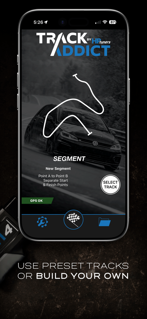 TrackAddict Pro - TrackAddict Pro app interface for selecting preset tracks or building custom racing segments