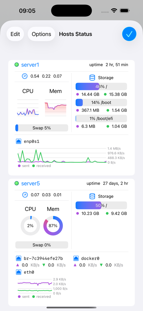 Secure Terminal - Hosts Status dashboard in Secure Terminal app displaying server CPU, memory, storage, and network metrics.