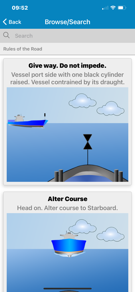Marine Master Self Test - La aplicación Marine Master Self Test mostrando reglas de navegación y fichas de estudio de RIPA (COLREGs) para exámenes marítimos