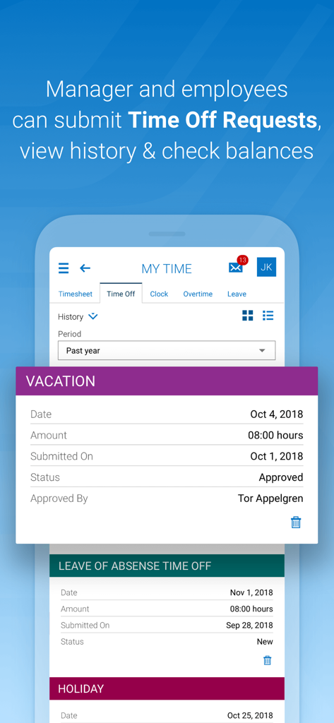 Interface do aplicativo HCMToGo para gerenciar solicitações de folga de funcionários e histórico de férias.