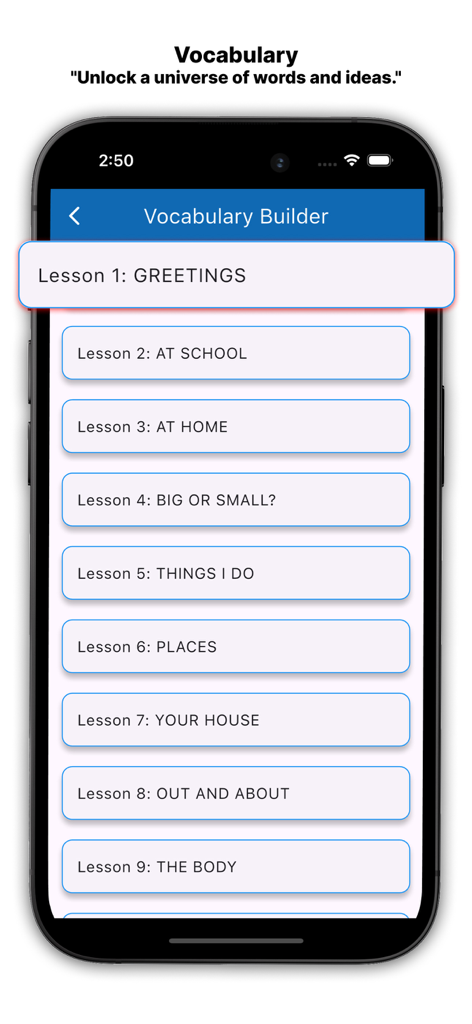 The vocabulary builder screen of the AI English Dictionary app showing a list of themed lessons such as greetings and school