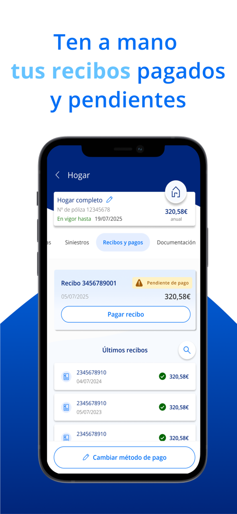 Santalucía Seguros - Interfaz de la aplicación Santalucía Seguros mostrando recibos de seguros pendientes y pasados para una póliza del hogar