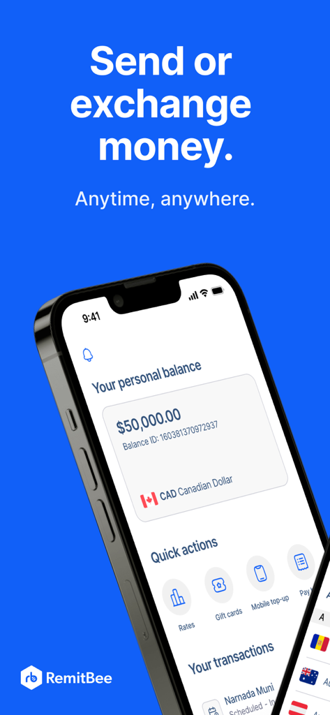 RemitBee Quick Money Transfer - RemitBee app interface on a smartphone showing a personal balance in Canadian dollars with options for money transfer and currency exchange.