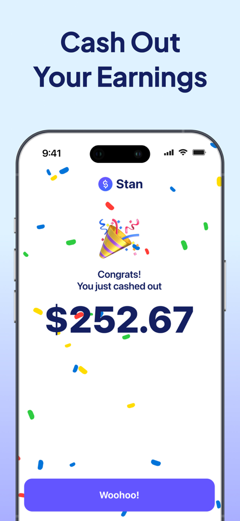 Stan: Link in Bio for Creators - Ein feierlicher Bildschirm in der Stan-App, der eine erfolgreiche Auszahlung von Creator-Einnahmen bestätigt.
