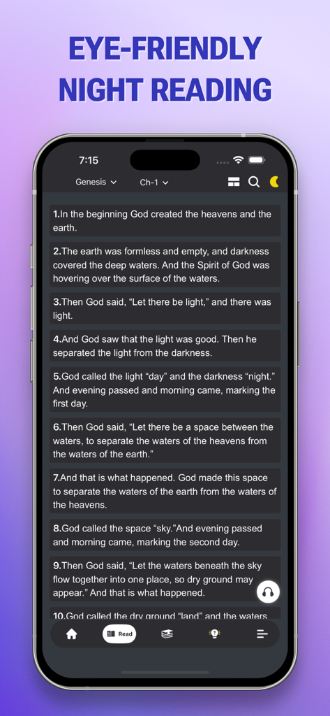 Smartphone display of The Message Bible MSG Pro app showing eye-friendly night reading mode.