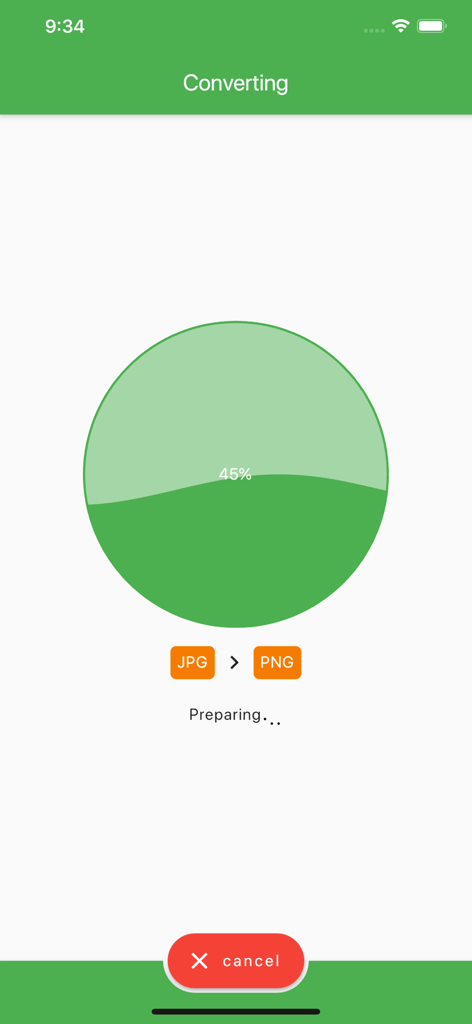 Screenshot of the File Converter app showing a circular progress bar at forty five percent for a JPG to PNG conversion.
