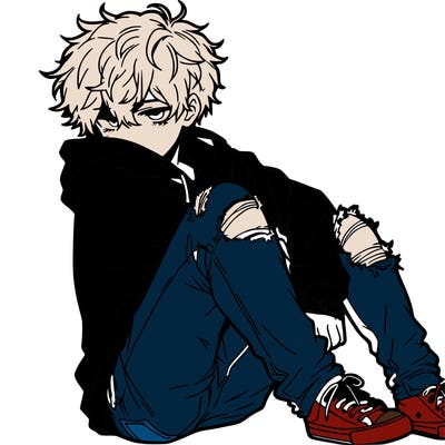 a male hoddie ripped jeans messy hair anime