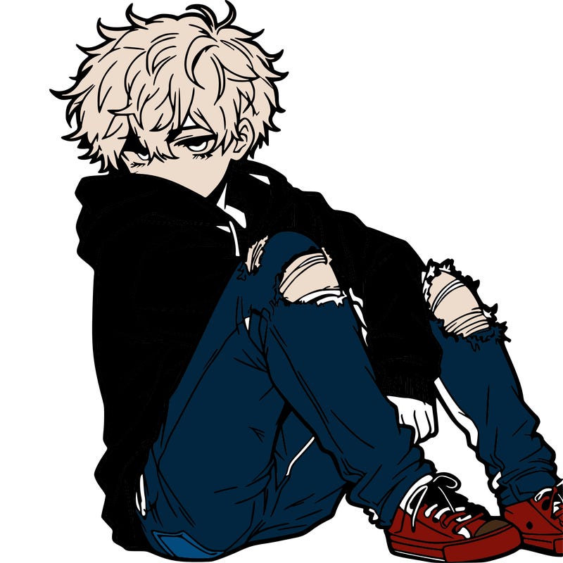 a male hoddie ripped jeans messy hair anime