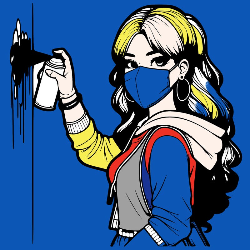 realistic girl with mask spray painting a wall