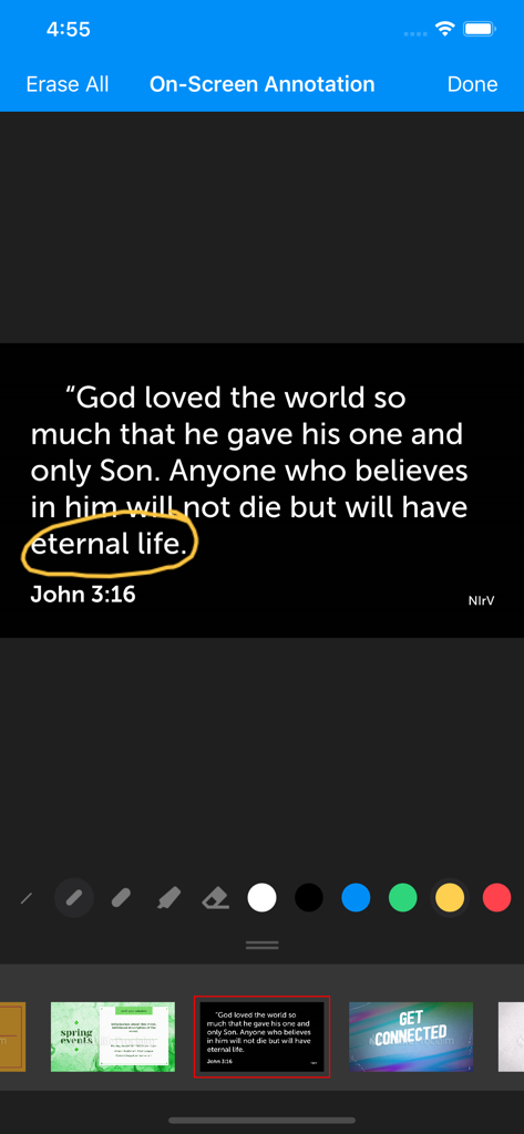 Proclaim Remote - Interfaz de la aplicación Proclaim Remote mostrando anotaciones en pantalla de una diapositiva de versículos bíblicos con una frase circulada en amarillo.