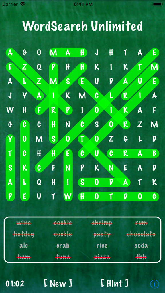 Word Search Unlimited - Mobile word search puzzle game with a green chalkboard theme and highlighted food words