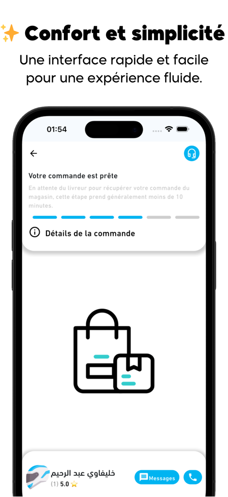 Fel'7in - Smartphone display showing the Fel'7in app order tracking screen with status updates and delivery progress