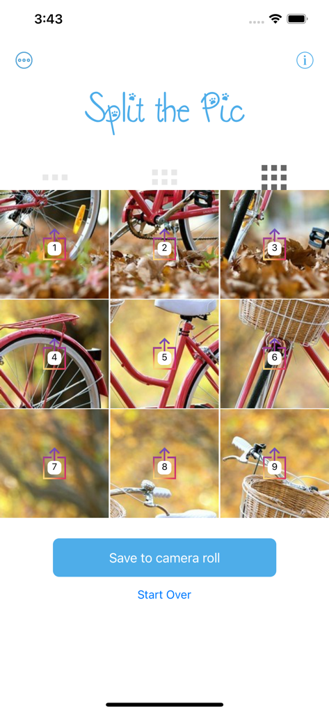 Interfaz de la aplicación Split the Pic que muestra una división de cuadrícula de 3x3 de una foto de bicicleta para publicar en Instagram.