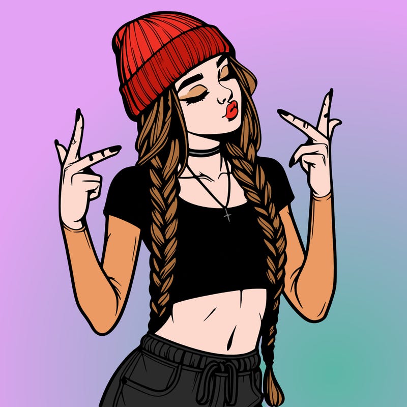 realistic teenage girl with braids and a beanie and crop top doing 🫶🏼