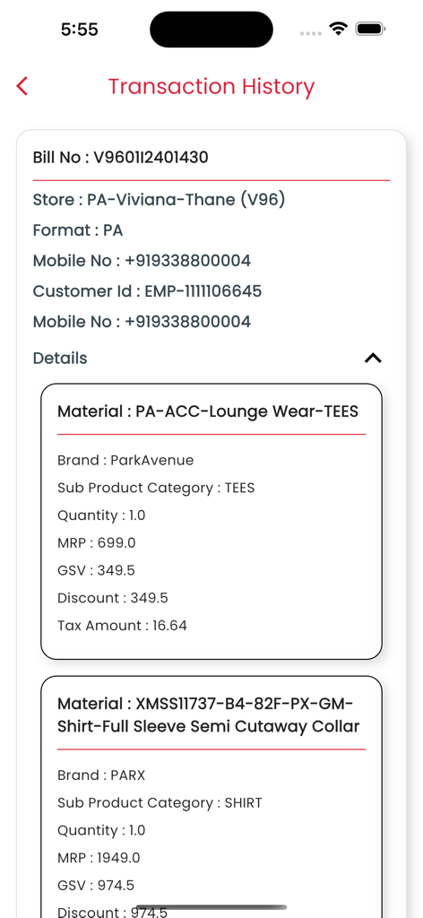 A detailed view of a customer transaction history screen within the Raymond Rewards mobile application