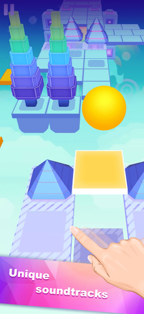 Rolling Sky - Jugabilidad de Rolling Sky que muestra una bola amarilla navegando por una pista de obstáculos 3D con una mano indicando los controles de deslizamiento y el texto bandas sonoras únicas