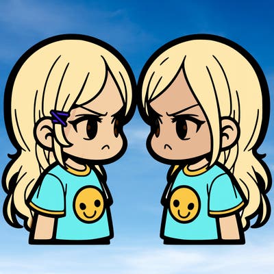 easy 2 girls staring each other in the eye looking angry qith tshirts with amiley faces