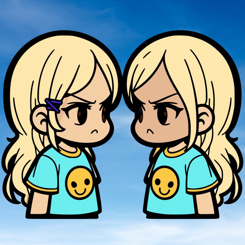 easy 2 girls staring each other in the eye looking angry qith tshirts with amiley faces