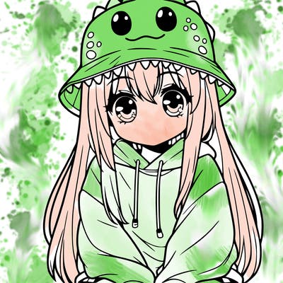 girl with anime shaped eyes with a dinosaur bucket hat oversized sweatshirt long straight hair