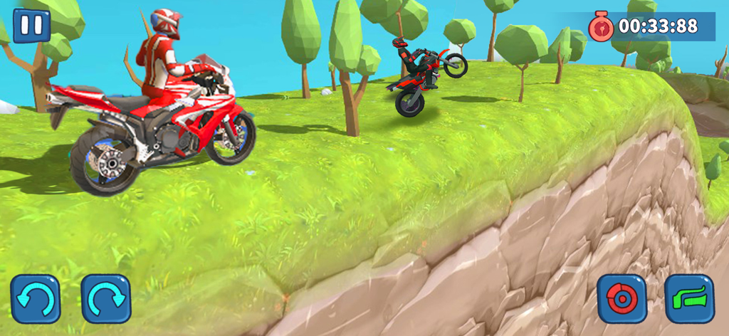 Motocross Bike Racing Game - Una moto deportiva roja corriendo por una colina cubierta de hierba en un juego móvil de motocross en 3D.