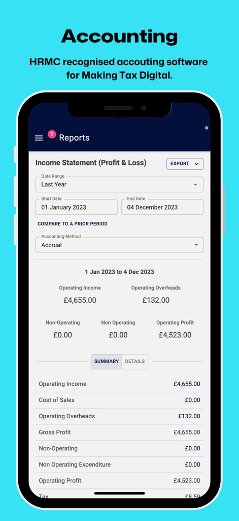Squeegee app interface showing an Income Statement and Profit and Loss report for business accounting.