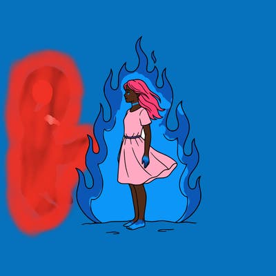 there is a fire but it's not so big but it's big but not too much and there is a girl standing in the middle