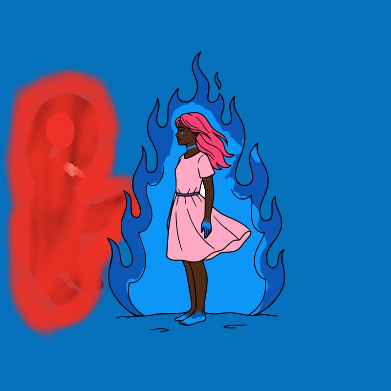 there is a fire but it's not so big but it's big but not too much and there is a girl standing in the middle