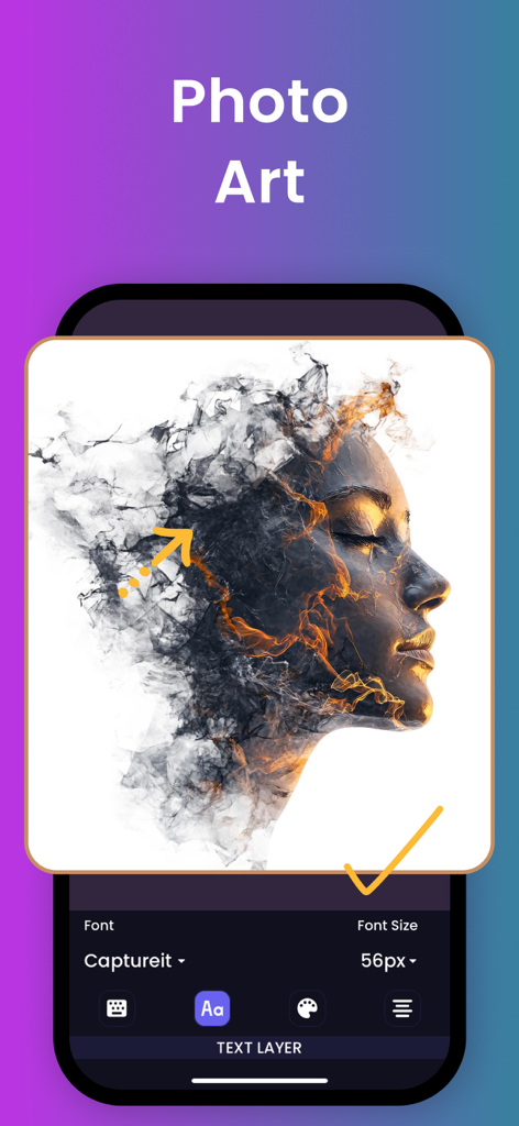 Um retrato artístico de exposição dupla de uma mulher mesclado com texturas de fumaça na interface de edição do aplicativo Photo Blend