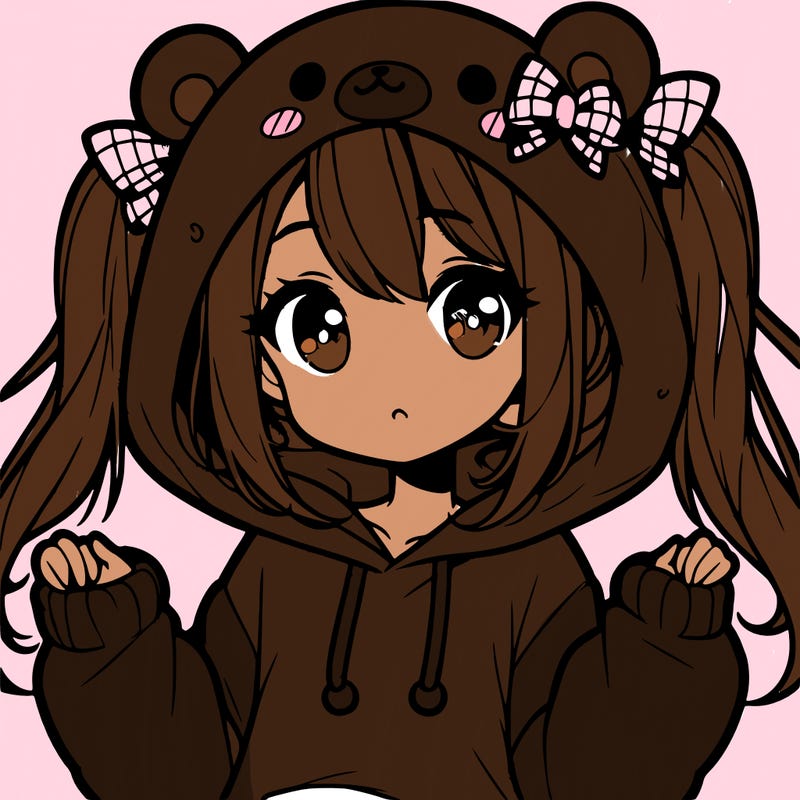 cute anime girl with ponytails and a cute bear hoodie