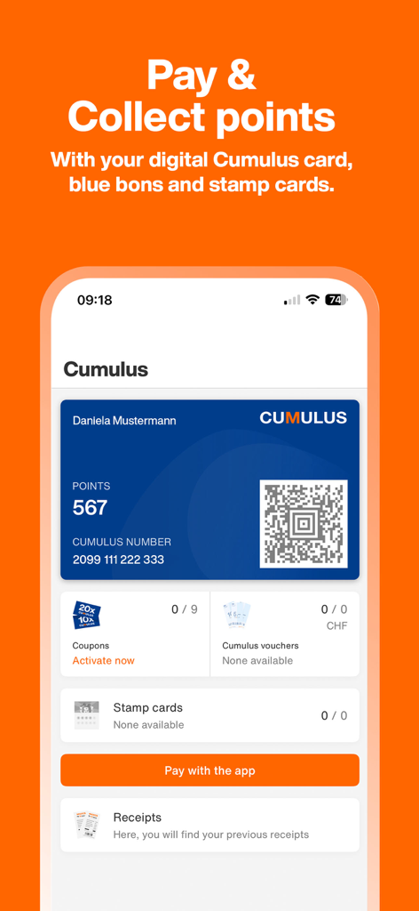 Digital Cumulus loyalty card screen in the Migros app showing points and QR code.