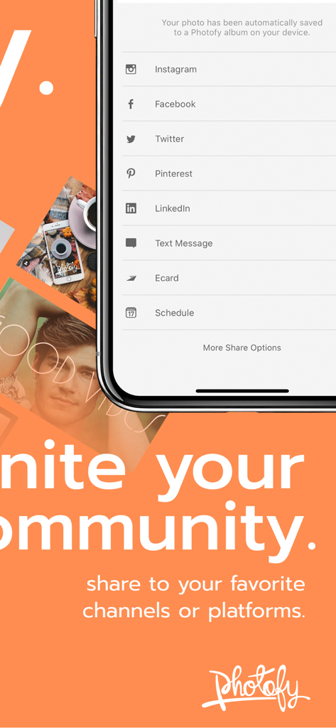 Photofy Content Creation - Photofy mobile app showing social media sharing options and post scheduling features on a smartphone screen.
