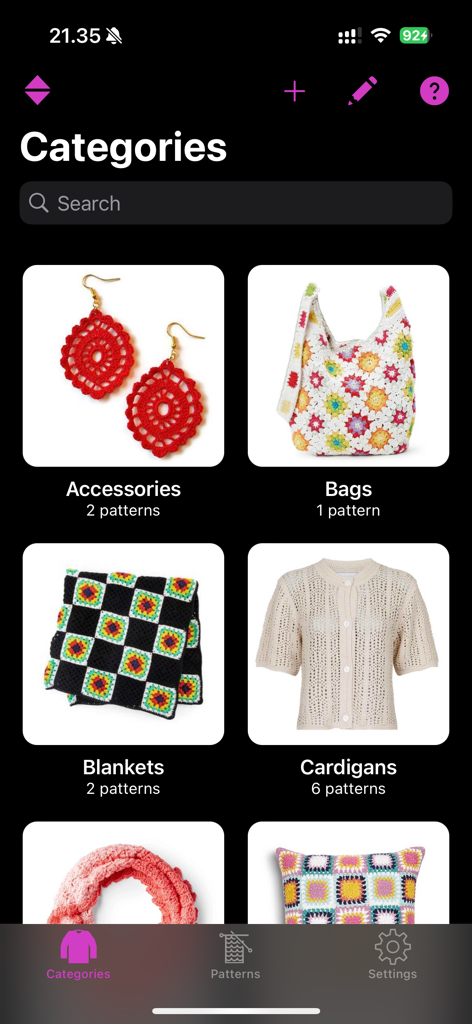 Crocheting Patterns Lite - Pantalla de la aplicación móvil que muestra categorías de patrones de ganchillo como accesorios, bolsos, mantas y cárdigans