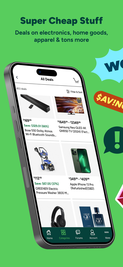 A smartphone displaying the Woot app showing daily deals on electronics and home goods with high percentage discounts.