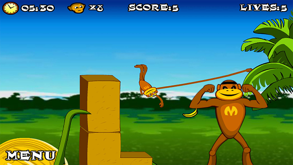 Jungle Spider Monkey:SuperHero Adventure - Um macaco de desenho animado se balança por um ambiente de selva no jogo Macaco Aranha da Selva Super-Herói Aventura.