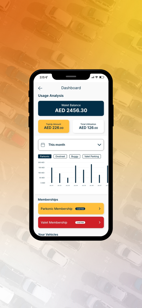 PARKONIC plus mobile app dashboard showing wallet balance and monthly parking usage analysis
