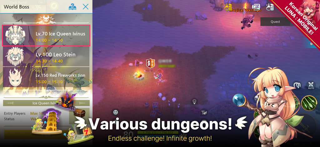 LUNA : MOBILE - LUNA MOBILE gameplay showing the world boss selection menu and anime character design