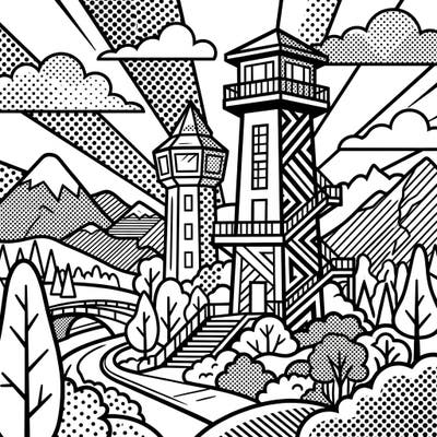 Experience the vibrant energy of Pop Art combined with the grandeur of nature in this exciting coloring page. Bring these majestic scenic park towers and their stunning landscape to life with your favorite colors.