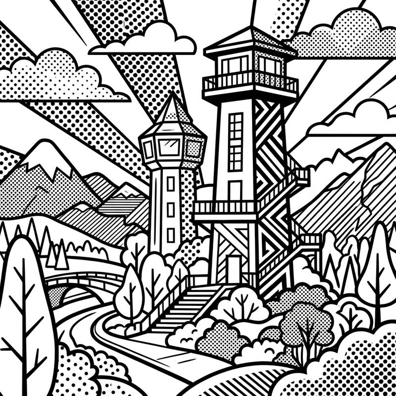 Experience the vibrant energy of Pop Art combined with the grandeur of nature in this exciting coloring page. Bring these majestic scenic park towers and their stunning landscape to life with your favorite colors.