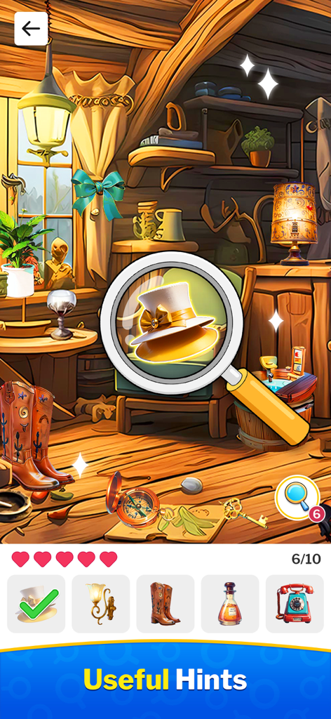 Magnifying glass tool finding a hidden hat in a cozy room puzzle scene