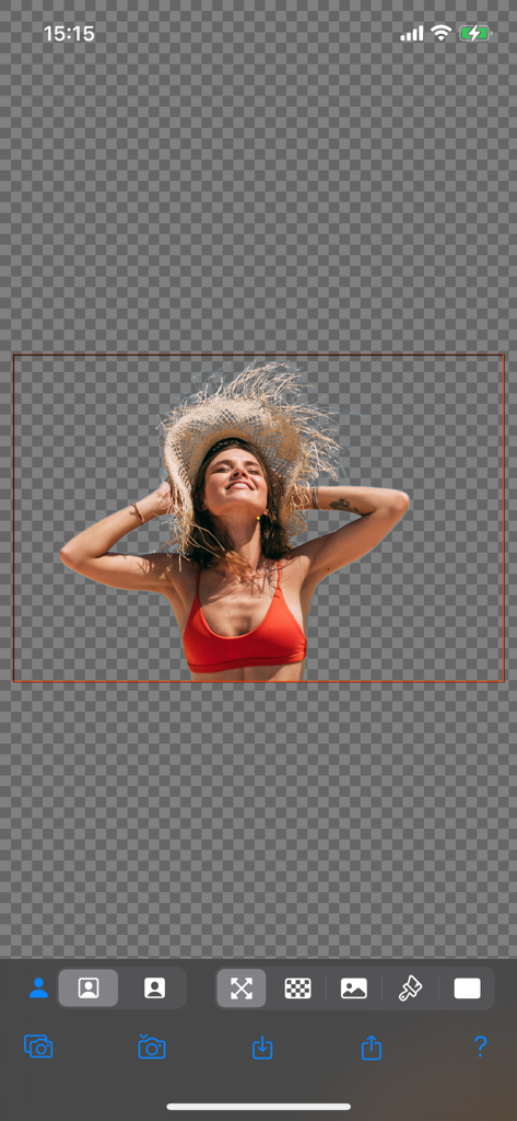Background Replacer - ストローハットをかぶった女性と、編集準備のできた透明な市松模様の背景が特徴のBackground Replacerアプリのスクリーンショット