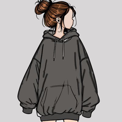 realistic girl with a oversized sweatshirt on and a bun