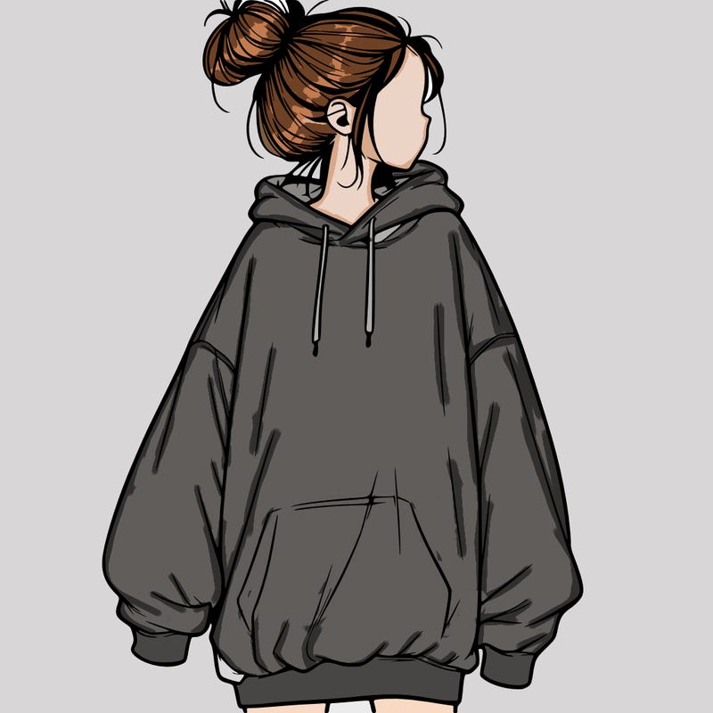 realistic girl with a oversized sweatshirt on and a bun