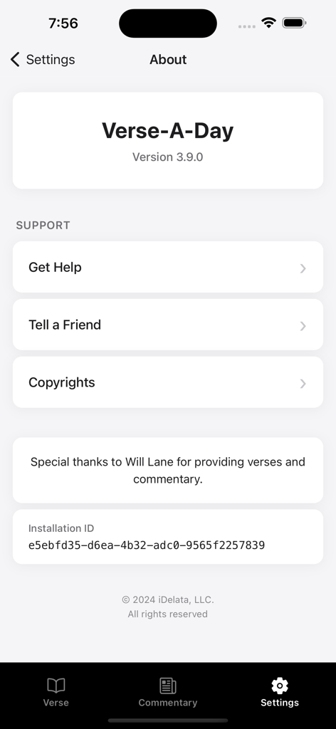 Verse-A-Day Daily Bible Verses - Pantalla Acerca de de la aplicación Versículo del Día: Versículos Bíblicos Diarios mostrando información de versión y soporte