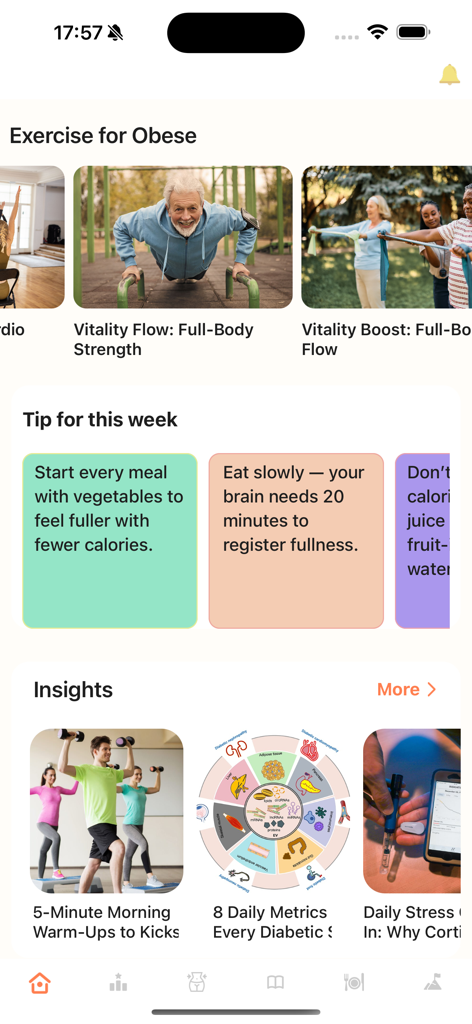 Exercise for Obesity at Home - Tableau de bord de l'application Exercice pour l'Obésité à Domicile présentant des programmes d'exercices, des conseils santé hebdomadaires et des informations médicales.