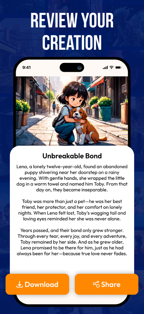 AI Story and Novel Generator - Review screen of the STORIO app displaying an AI-generated story titled Unbreakable Bond with a picture of a girl hugging a dog
