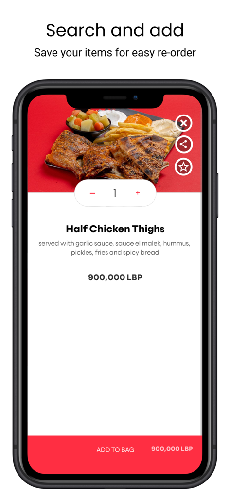 King Fadi - King Fadi app screen showing half chicken thighs menu item with price and add to bag option